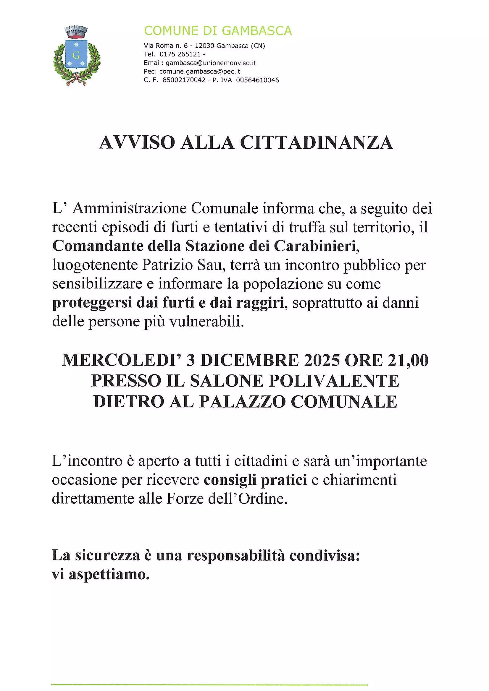 Avviso alla cittadinanza